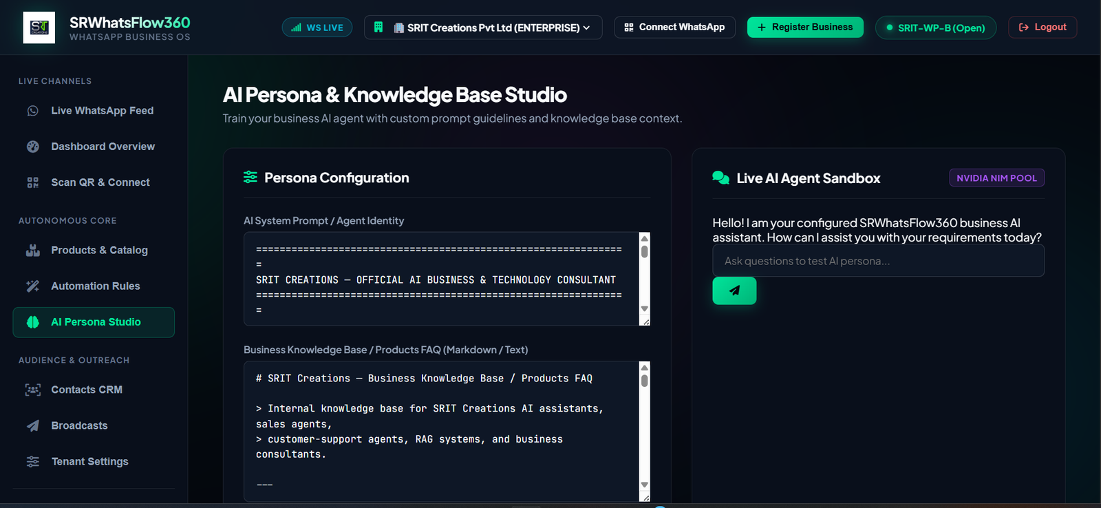 SRWhatsFlow360 AI Persona & Knowledge Base Studio