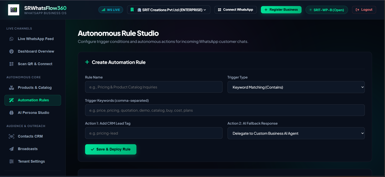 SRWhatsFlow360 Autonomous Rule Studio TAC Workflow