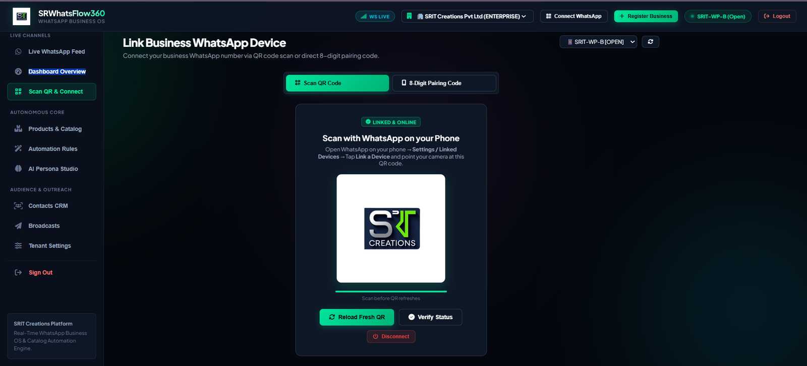 SRWhatsFlow360 Multi-Device QR Pairing